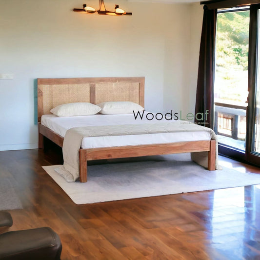 Lit en bois massif de canne naturelle fait à la main, lit de décoration intérieure en bois d'extrémité de rotin naturel, meubles de chambre à coucher pour la décoration intérieure