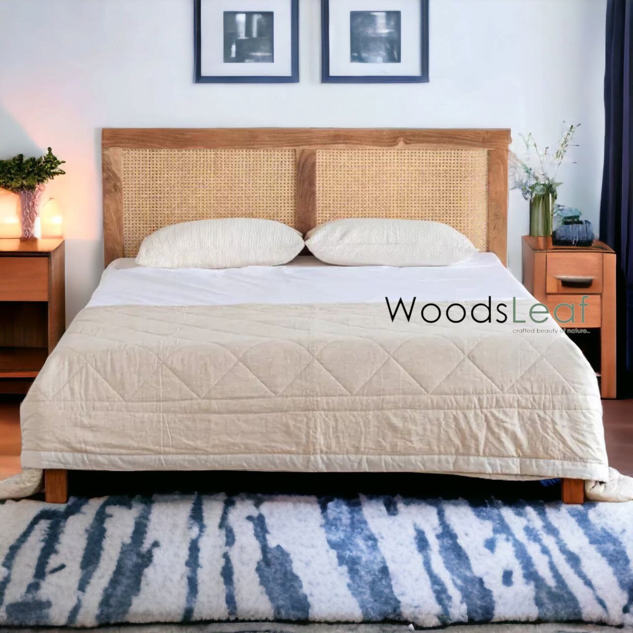 Lit en bois massif de canne naturelle fait à la main, lit de décoration intérieure en bois d'extrémité de rotin naturel, meubles de chambre à coucher pour la décoration intérieure