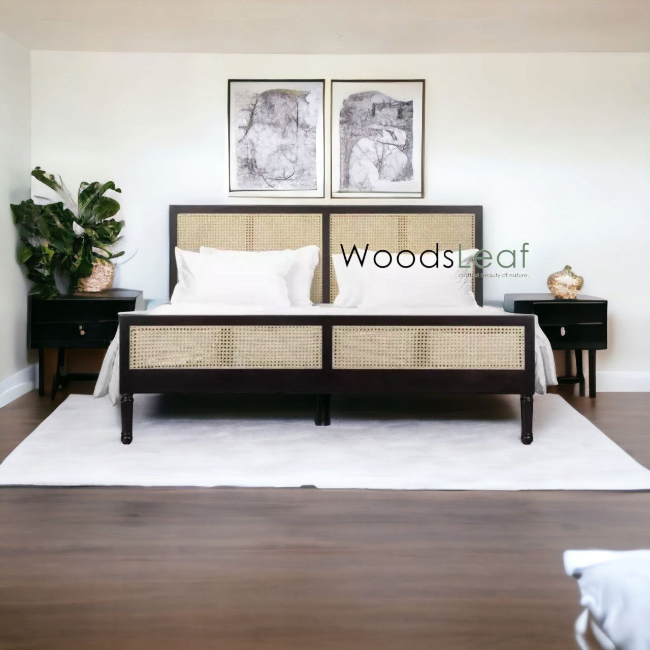 Lit en bois massif de canne naturelle fait à la main, lit de décoration intérieure en bois d'extrémité de rotin naturel, meubles de chambre à coucher pour la décoration intérieure