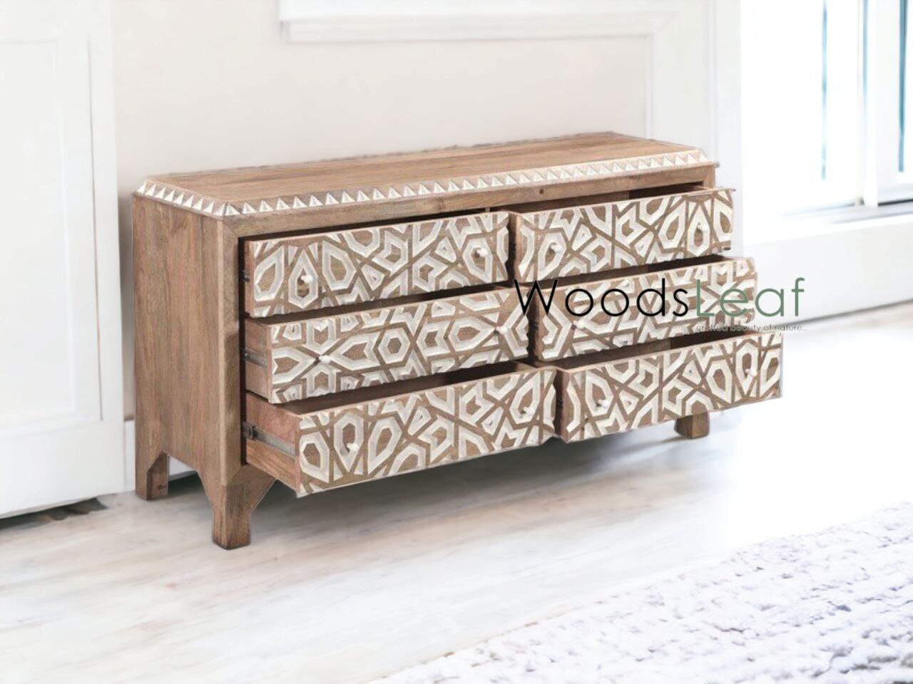 Buffet sculpté à la main, unités de rangement d’armoire, bois massif indien naturel, lavage blanc, meubles de chambre à coucher de salon, buffet sculpté à la main