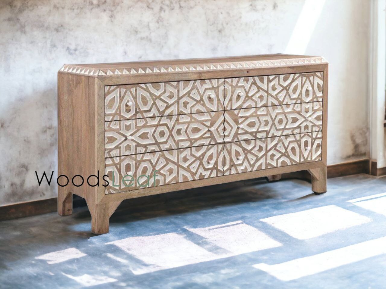 Buffet sculpté à la main, unités de rangement d’armoire, bois massif indien naturel, lavage blanc, meubles de chambre à coucher de salon, buffet sculpté à la main