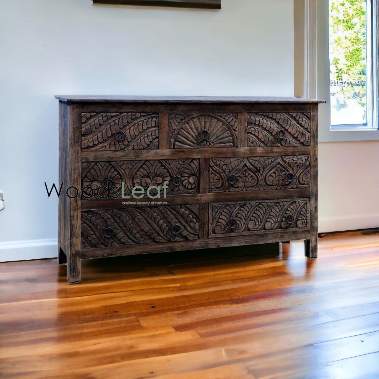 Handgeschnitztes Sideboard, Schrankaufbewahrungseinheiten, Used-Look, Wohnzimmer-Schlafzimmermöbel, handgeschnitztes Sideboard mit 7 Schubladen