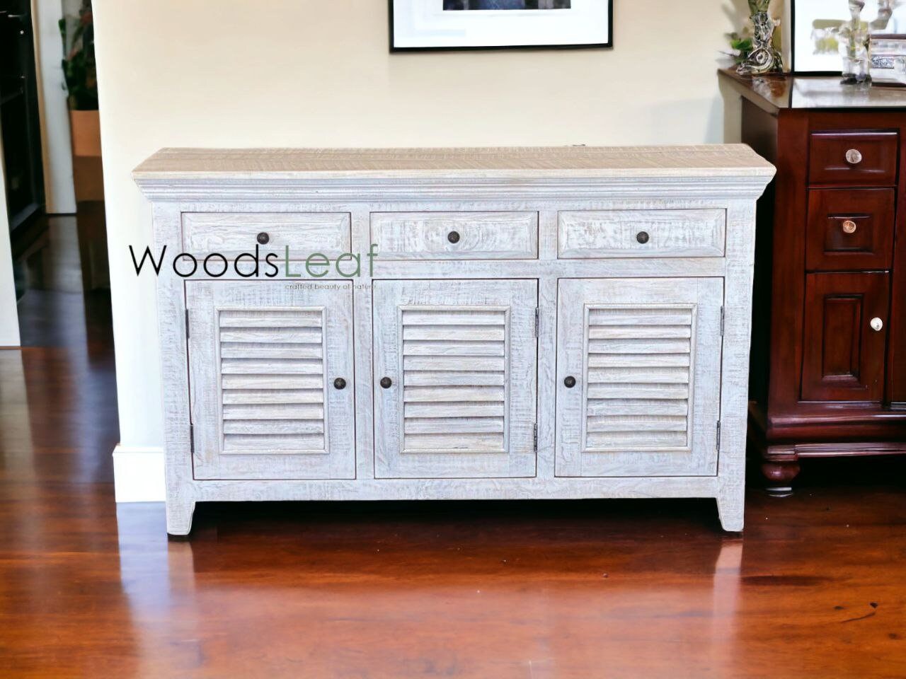 Buffet sculpté à la main, unités de rangement d’armoires, finition en bois massif indien en détresse, meubles de chambre à coucher de salon, buffet sculpté à la main