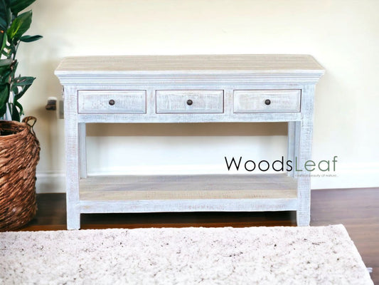 Console rustique en bois/Console indienne sculptée/Décor d’entrée complexe/Table console blanche en détresse