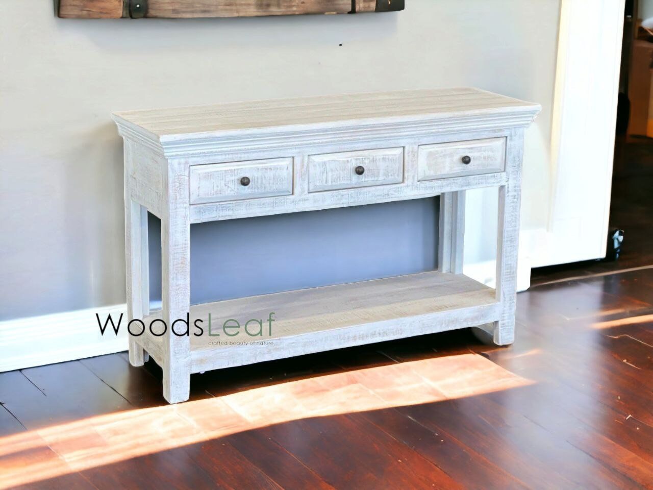 Console rustique en bois/Console indienne sculptée/Décor d’entrée complexe/Table console blanche en détresse