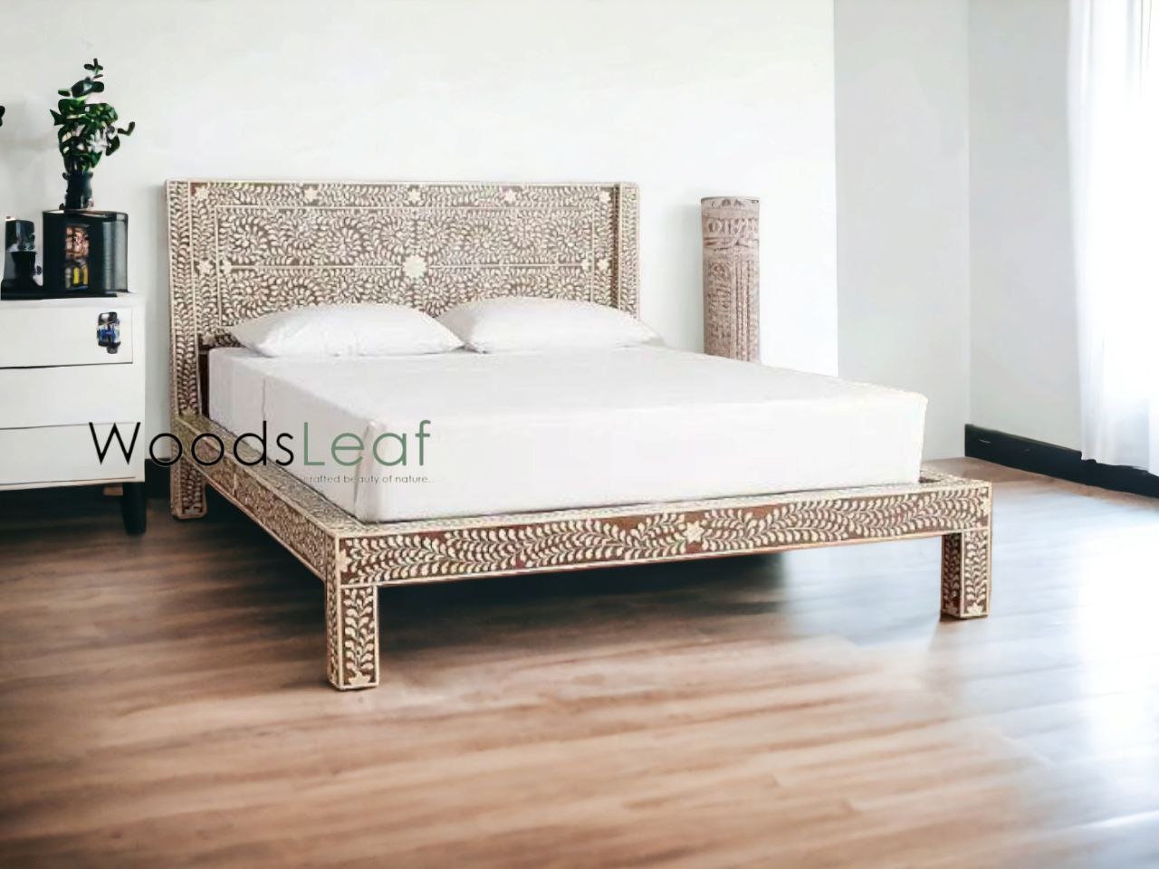 Incrustation d'os faite à la main, beau lit, Look King et Queen Size, tête de lit moderne à motif Floral, meubles de tête de lit