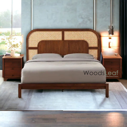 Lit en bois massif de canne naturelle fait à la main, lit de décoration intérieure en bois d'extrémité de rotin naturel, meubles de chambre à coucher pour la décoration intérieure