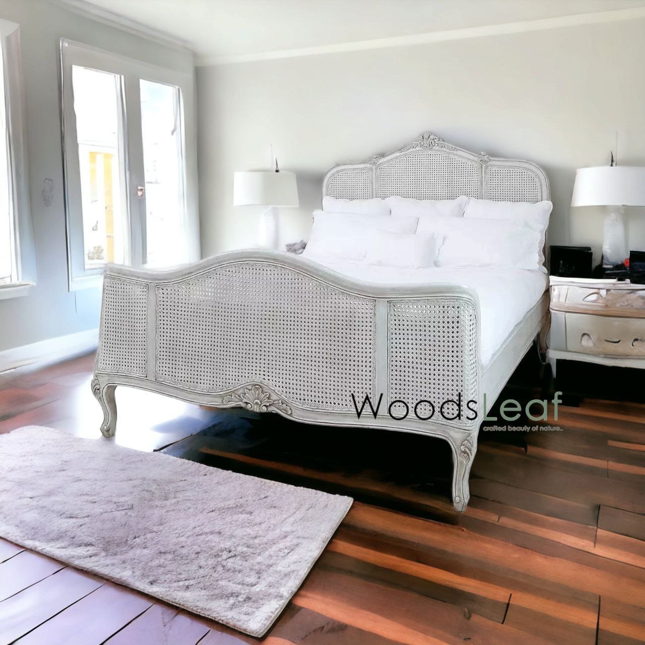 Lit en bois massif de canne naturelle fait à la main, lit de décoration intérieure en bois d'extrémité de rotin naturel, meubles de chambre à coucher pour la décoration intérieure