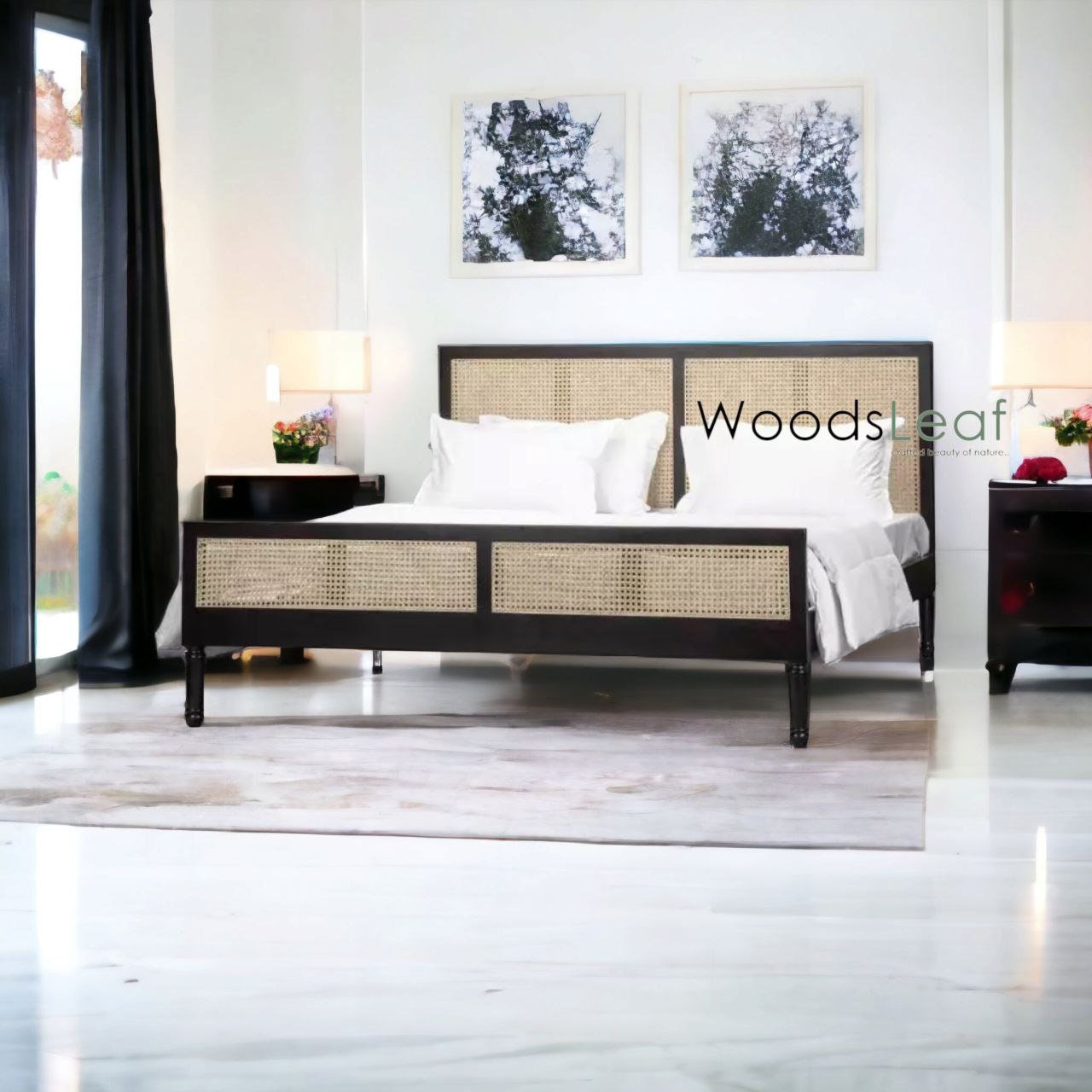 Lit en bois massif de canne naturelle fait à la main, lit de décoration intérieure en bois d'extrémité de rotin naturel, meubles de chambre à coucher pour la décoration intérieure