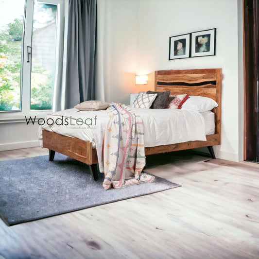 Lit en bois massif fait à la main | Lit à panneaux | Tête de lit en bois massif | Tête de lit à panneaux | Lit de taille personnalisée | Finition naturelle