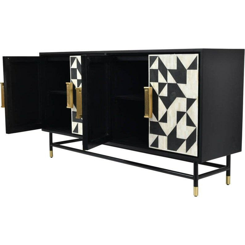 Buffet à motif rayé moderne en bois avec incrustation d'os fait à la main / meubles à tiroirs avec meubles à 4 portes
