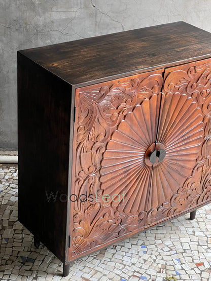 Handgeschnitztes Sideboard, Schrankaufbewahrungseinheiten, indisches Massivholz, Walnuss-Finish, Wohnzimmer-Schlafzimmermöbel, handgeschnitztes Sideboard