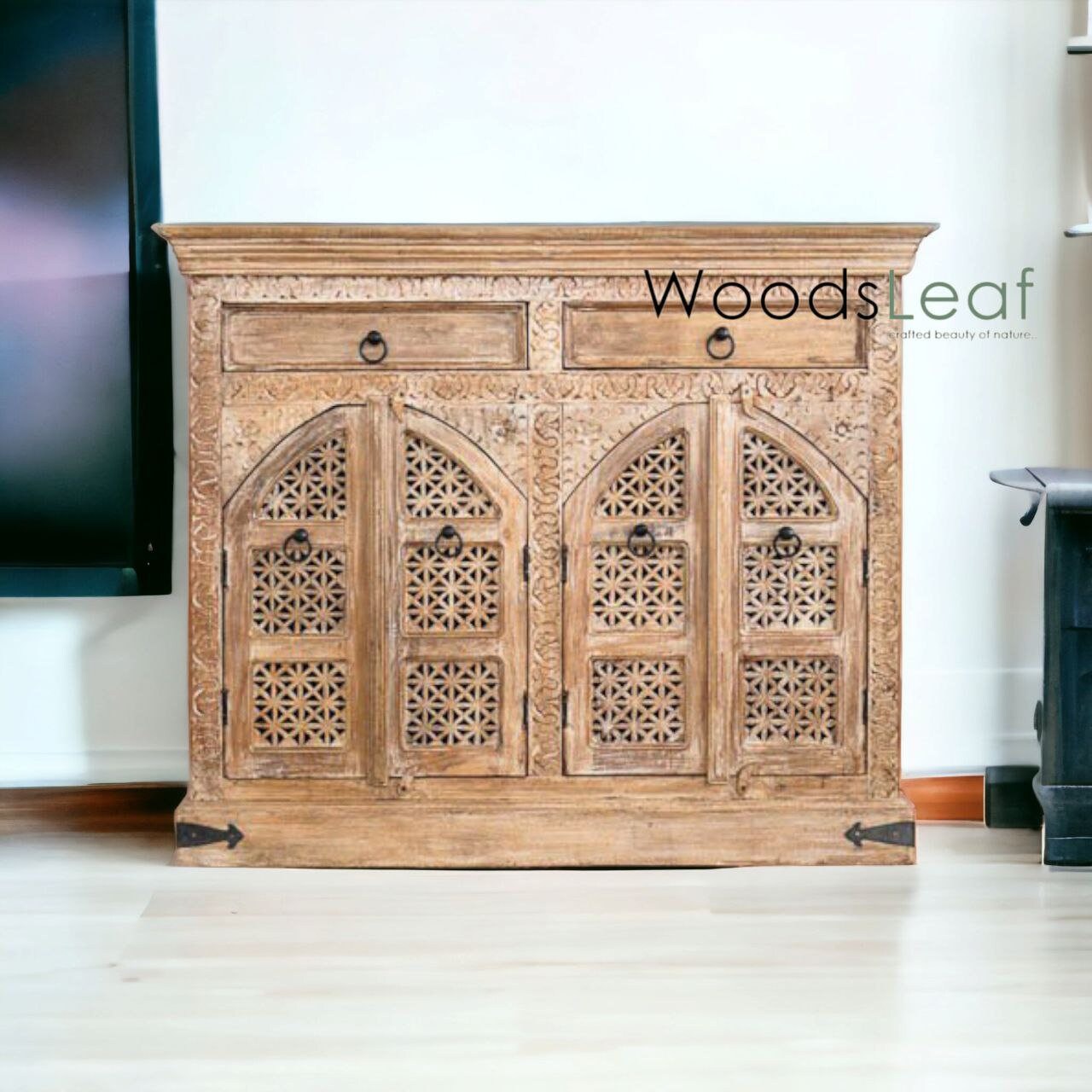 Handgefertigte Holz-Sideboard-Schrank-Aufbewahrungseinheiten, indisches Massivholz, Distressed-Finish, Wohnzimmer-Schlafzimmer-Möbel, Sideboard, 4 Türen, 2 Schubladen