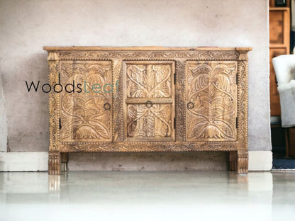 Finition vieillie en bois massif indien, meubles de chambre à coucher de salon, buffet sculpté à la main, buffet sculpté à la main, unités de rangement d’armoire